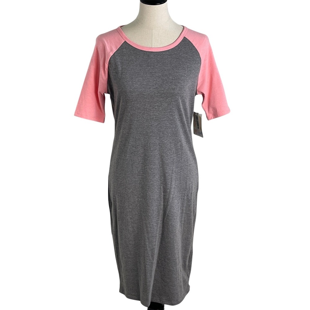 NWT LuLaRoe Julia Dress M Grey Pink Raglan Sleeve Knee Length Sheath - Picture 2 of 7